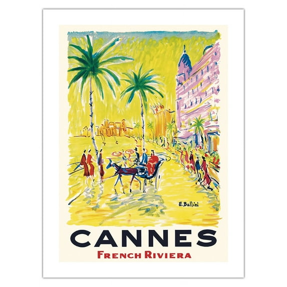 Cannes France - French Riviera - Vintage Travel Poster by Emmanuel Bellini c.1950 - Bamboo Fine Art 290gsm Paper Print (Unframed) 18x24in