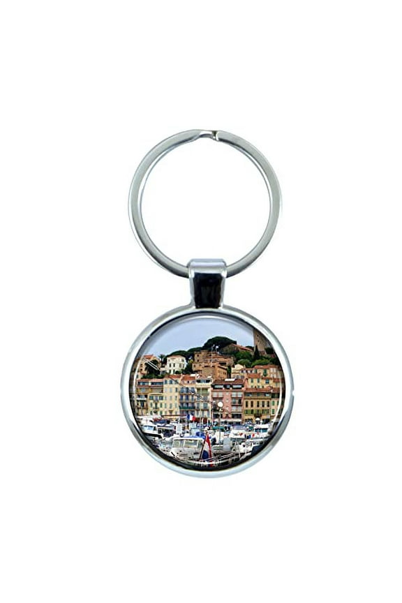 Cannes France Keychain with Epoxy Dome and Metal Keyring