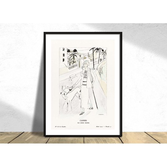 Cannes Par Roger Chastel Woman Illustration Art Nouveau Reproduction Retro Poster Fashion Walk With Dogs, Unframed Paper Poster 8x10in