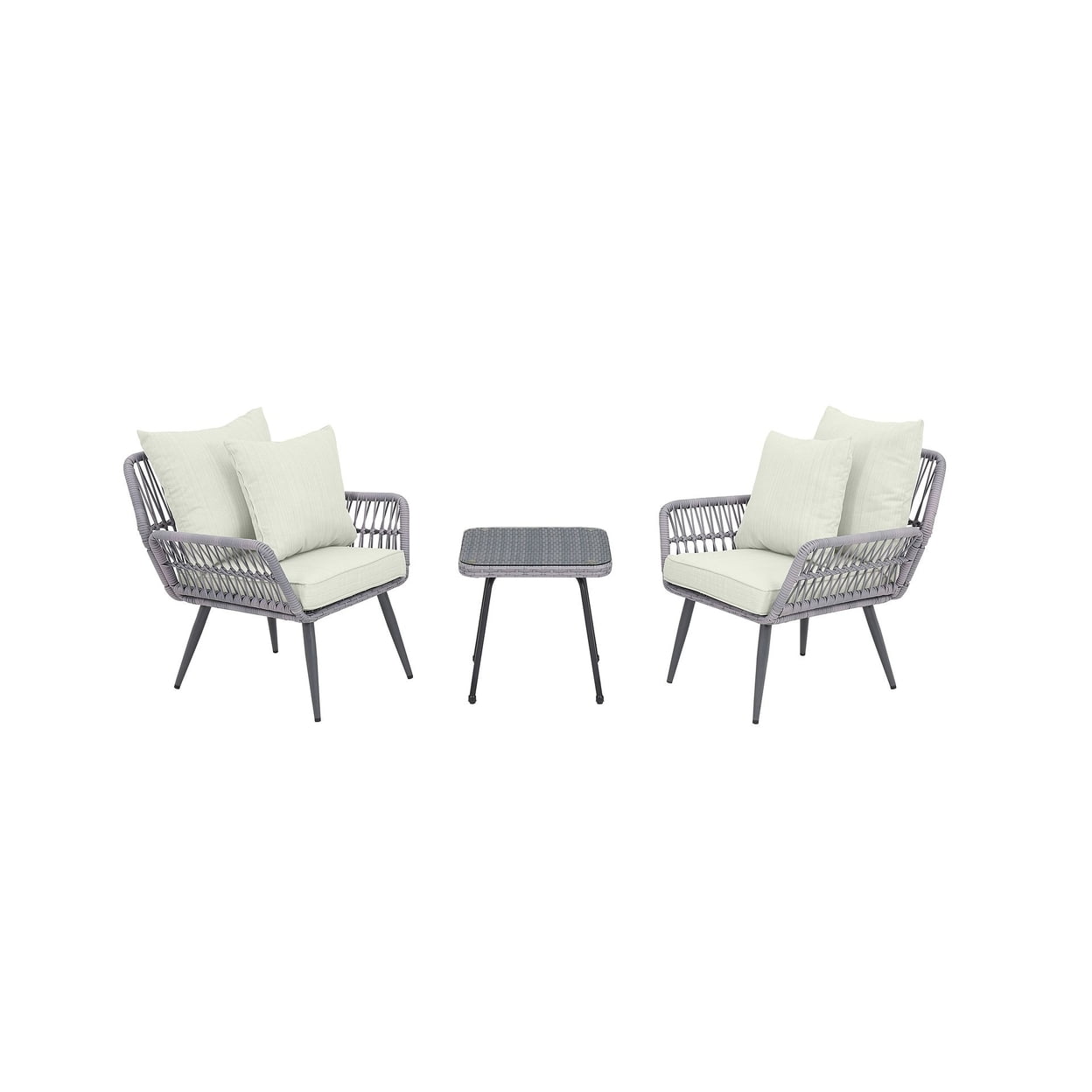 Grey and Cream Rope Wicker 3-Piece Patio Conversation Set with Cushions