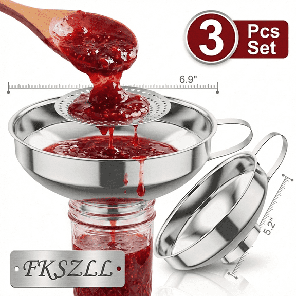 Canning Funnel with Strainer, Stainless Steel Wide Mouth Funnels for Regular and Wide Mason Jars, 3 Pcs Kitchen Set by Fkszll