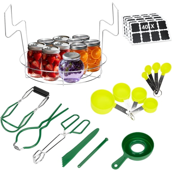Canning Kits with Premium Stainless Steel Canning Supplies Including Canning Rack, Jar Lifter Tongs, Wide-Mouth Funnel, Chalk Labels & More for Jams, Pickles, Preserves