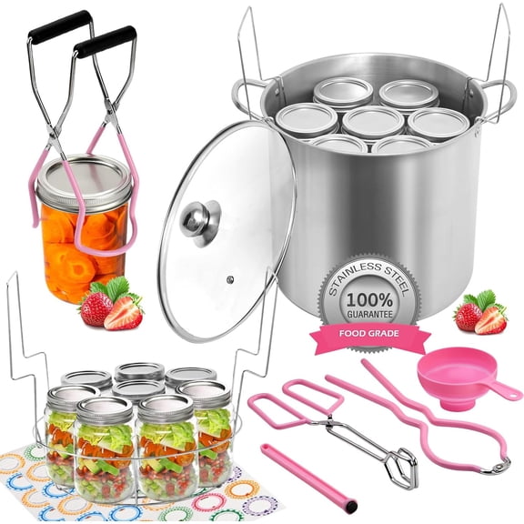 Canning Pot Water Bath Canner with Rack and Lid, 21.5 Quart Stainless Steel Stock Pots, Supplies Starter Kit, Jar Lifter Tongs, Funnels Full Accessories Tools Set, Pink