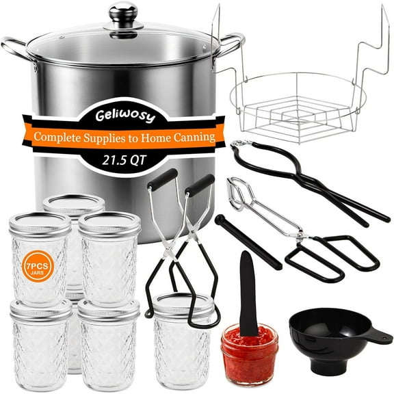 Canning Supplies Kits with 21.5 Qt Canning Pot, 7pcs Mason Jars, Tongs, Stainless Steel Jar Rack, Funnel, Lid Lifter Water Bath Canner Tool Set