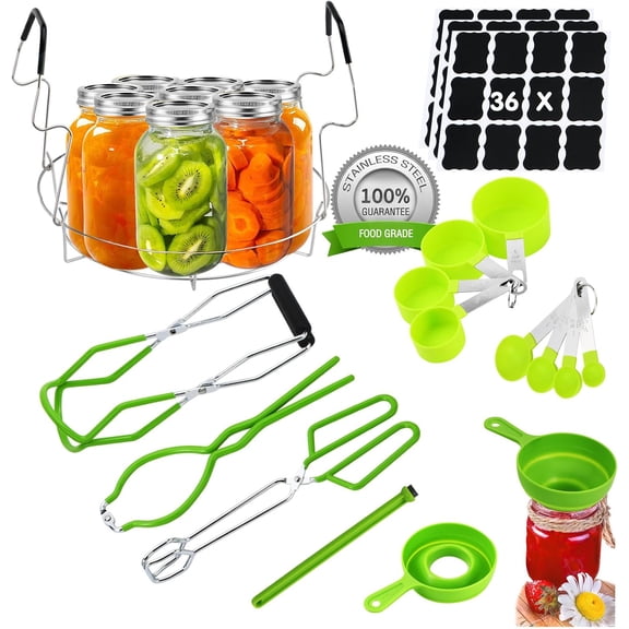 Canning Supplies Starter Kit Stainless Steel Canner Tools Set with Canning Rack, Jar Lifter Tongs, Funnel, Labels, Jar Wrench for Canning Pot Accessories (Light Green with Rack)