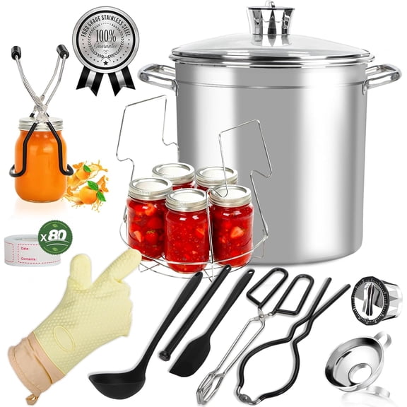 Canning Supplies Starter Kit - Stainless Steel Canning Pot with Rack and Lid,Beginners Stainless Steel Canning Tool Set Includes Funnel, Ladle & Measuring Cups 21.5 Quart