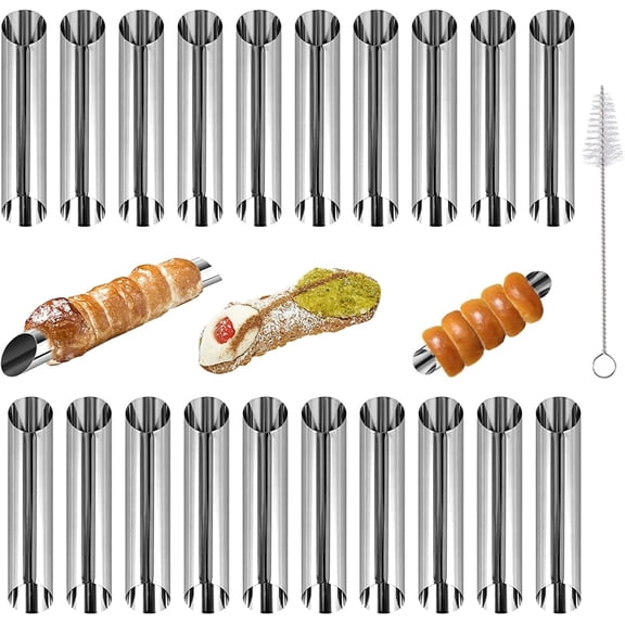 Cannoli Tubes,20PCS Stainless Steel Screw Croissant Mold with Brush, 5 inch Conical Tube Cone Roll Moulds Spiral Pastry Cream Horn Cake Bread Mold for Cannoli Tubes Croissant Baking