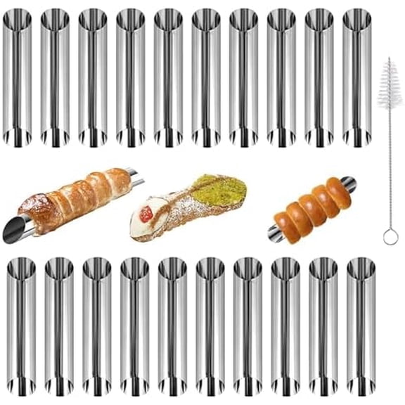 Cannoli Tubes,20PCS Stainless Steel Screw Croissant Mold with Brush, 5 inch Conical Tube Cone Roll Moulds Spiral Pastry Cream Horn Cake Bread Mold for Cannoli Tubes Croissant Baking
