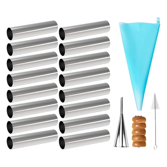 Cannoli Tubes Set of 19, Non-stick Stainless Steel Tubular Shaped Baking Molds with Cleaning Brush, Reusable Silicone Piping Bag, Long Piping Tip for Cream Horn Danish Pastry, Cream Roll, Croissant