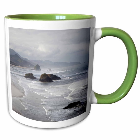 3drose, Cannon Beach and Haystack Rock, Oregon, Usa - Us38 Jwi0507 - Jamie and Judy Wild, 11oz Two-tone Green Mug