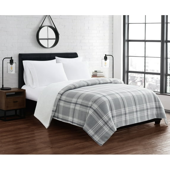 Cannon Cozy Teddy Grey Polyester 1-Piece Twin XL Blanket, plaid themed, for Men and Women, OEKO-TEX Certified Confidence