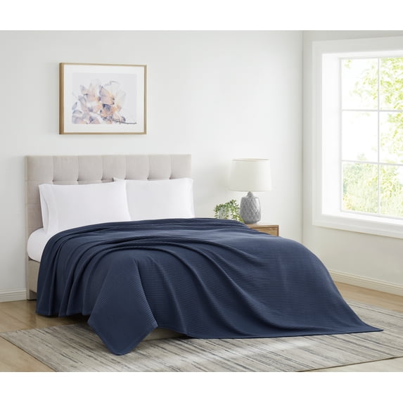Cannon Heritage 100% Cotton Waffle Weave Blue King Blanket, Solid Casual themed, Adult Bedding, OEKO-TEX Certified