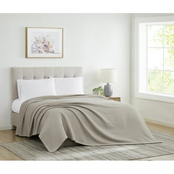 Cannon Heritage 100% Cotton Waffle Weave Khaki Full/Queen Blanket, Solid Casual themed, Adult Bedding, OEKO-TEX Certified