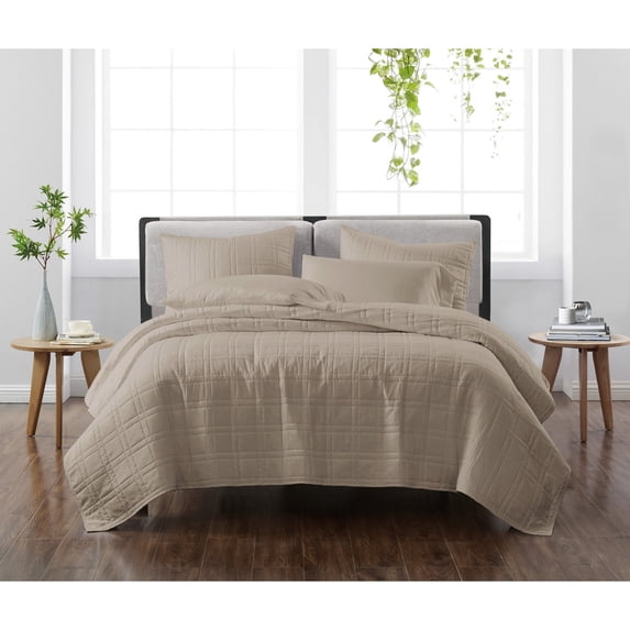 Cannon Solid Khaki King 3 Piece Quilt Set