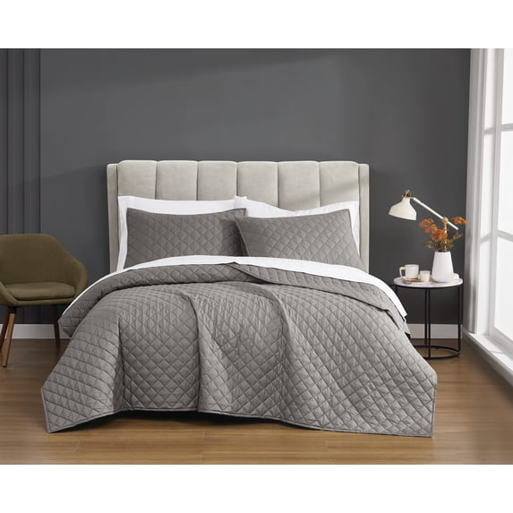 Cannon Percale 200 Thread Count Solid 100% Cotton Quilt Set Grey Cotton 3-Piece King Quilt Set, solid color themed, for Men and Women, OEKO-TEX Certified Confidence