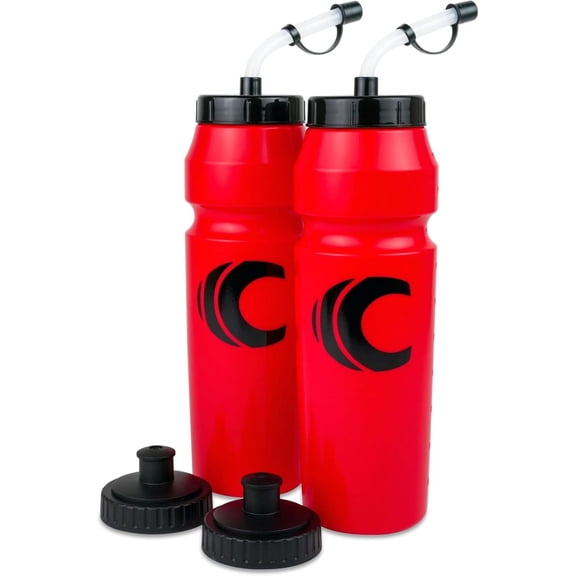 Cannon Sports 1 Liter Sports Water Bottle, BPA-Free, 34 Oz Capacity, Large Mouth, 2 lids (Straw and Squeeze), Great For Helmet Sports Such As Hockey, Lacrosse, Football, Boxing (2 Pack) (Red)