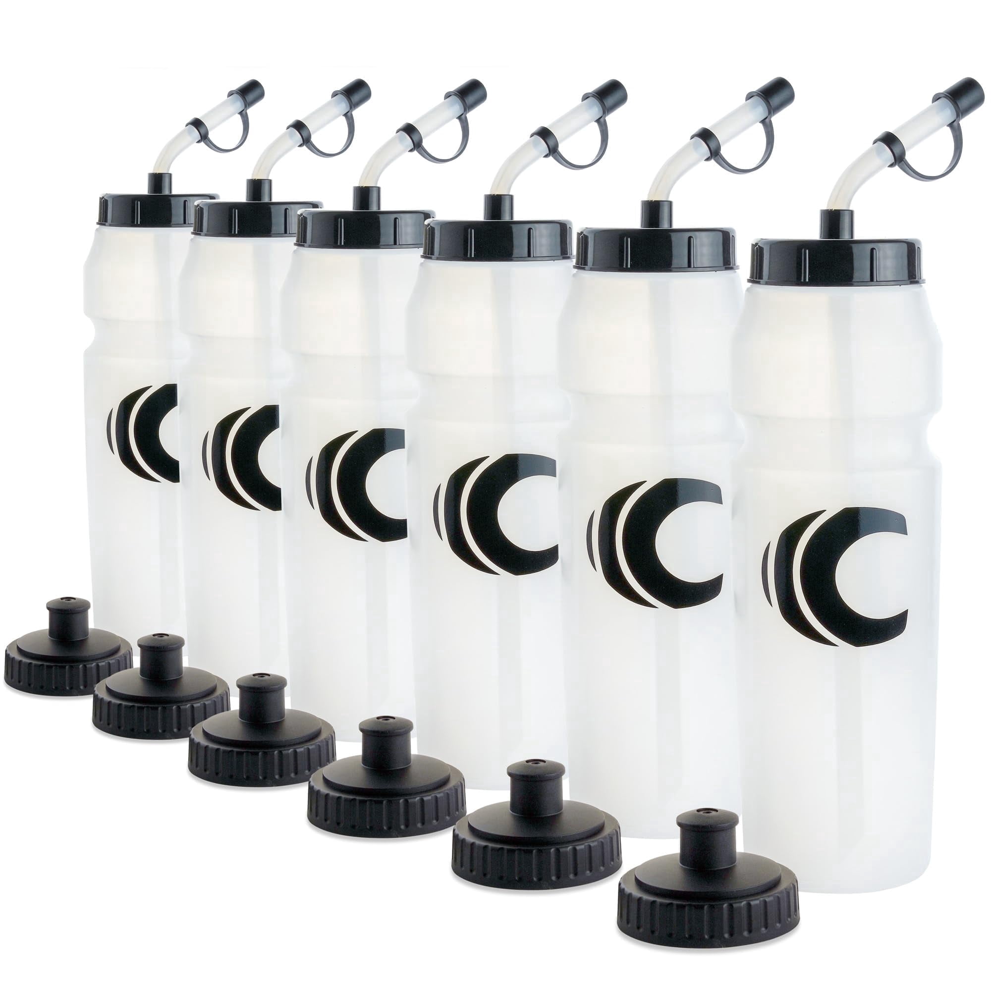 Cannon Sports 1 Liter Sports Water Bottle, BPA-Free, 34 Oz Capacity, Large Mouth, 2 lids (Straw and Squeeze), Great For Helmet Sports Such As Hockey, Lacrosse, Football, Boxing (6 Pack) (Clear)