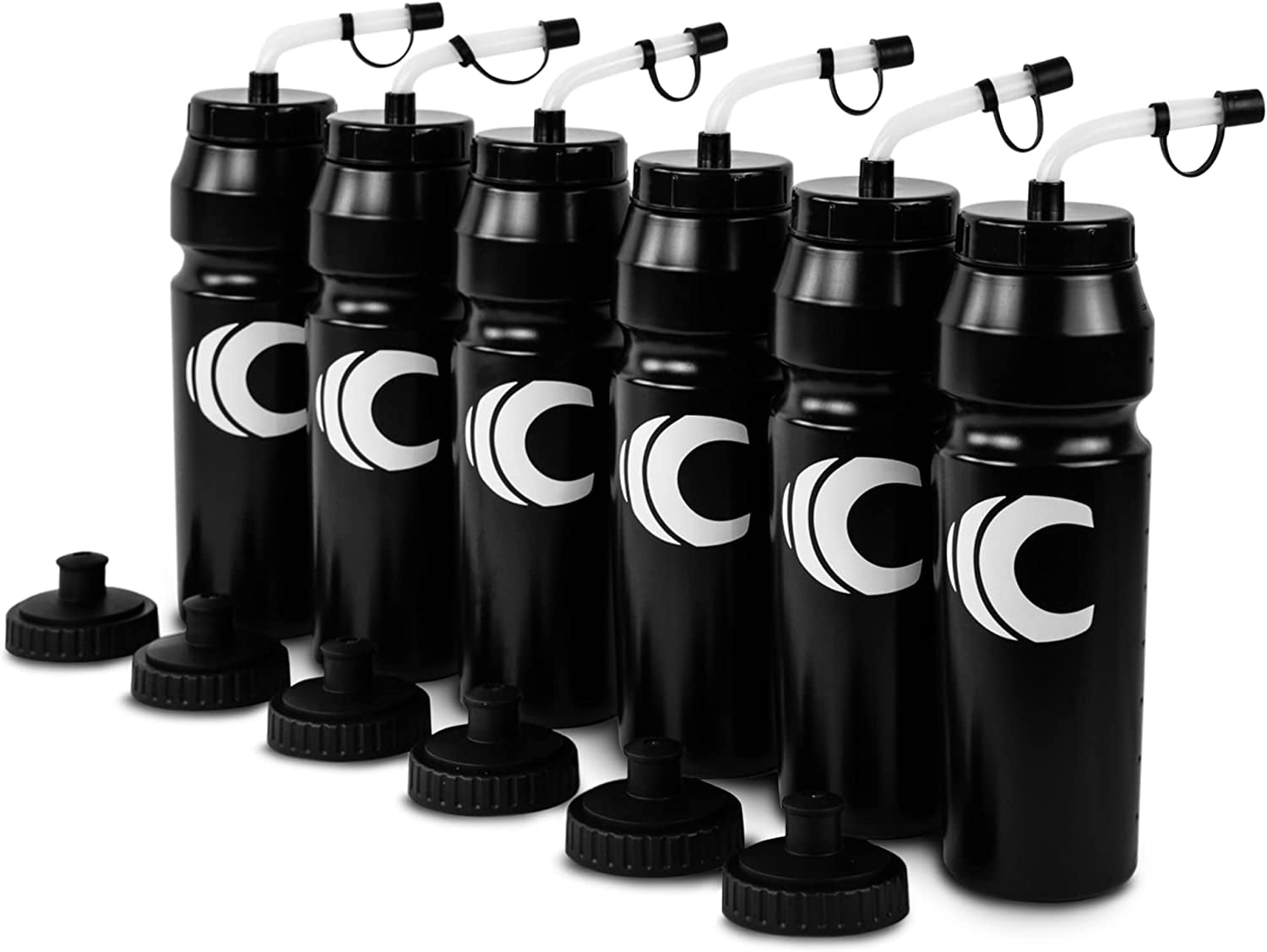 Cannon Sports 1 Liter Squeeze Water Bottle with Straw Lid New Easy Grip 34 Oz Pack of 6 (Black