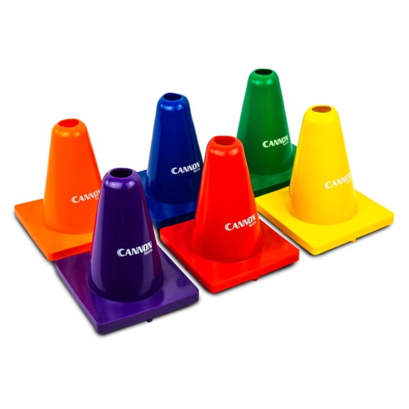 Cannon Sports 6 Pack Agility Cones - 6 inch Colorful Cones with Rubber Weighted Base - Perfect for Soccer, Hockey, Basketball Practice Drills (Multicolor Weighted Base)