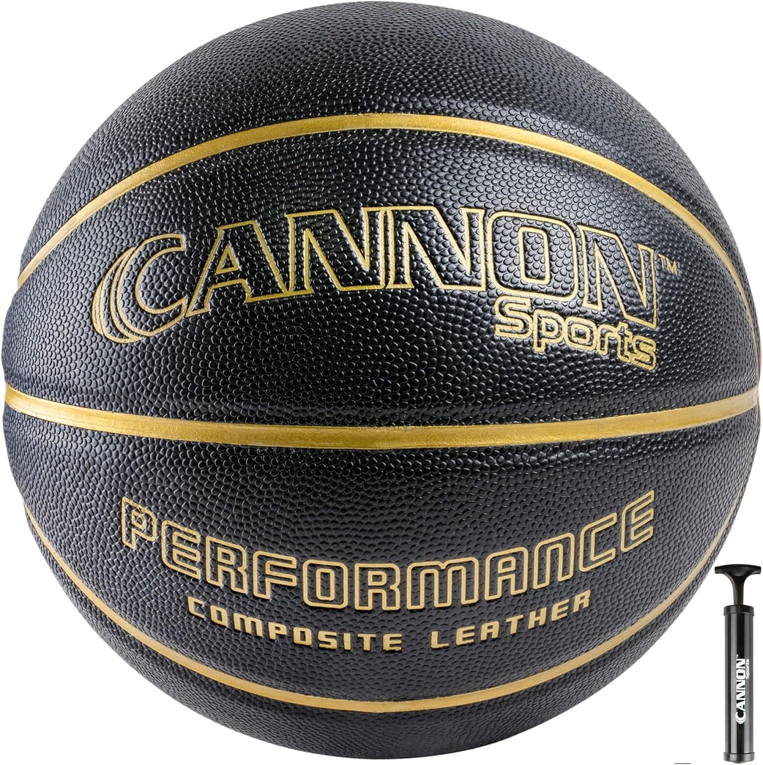 Cannon Sports Leather Composite Official Size Basketball Indoor and Outdoor Play with Ball Pump (Official Size 7, 29.5", Black/Gold)