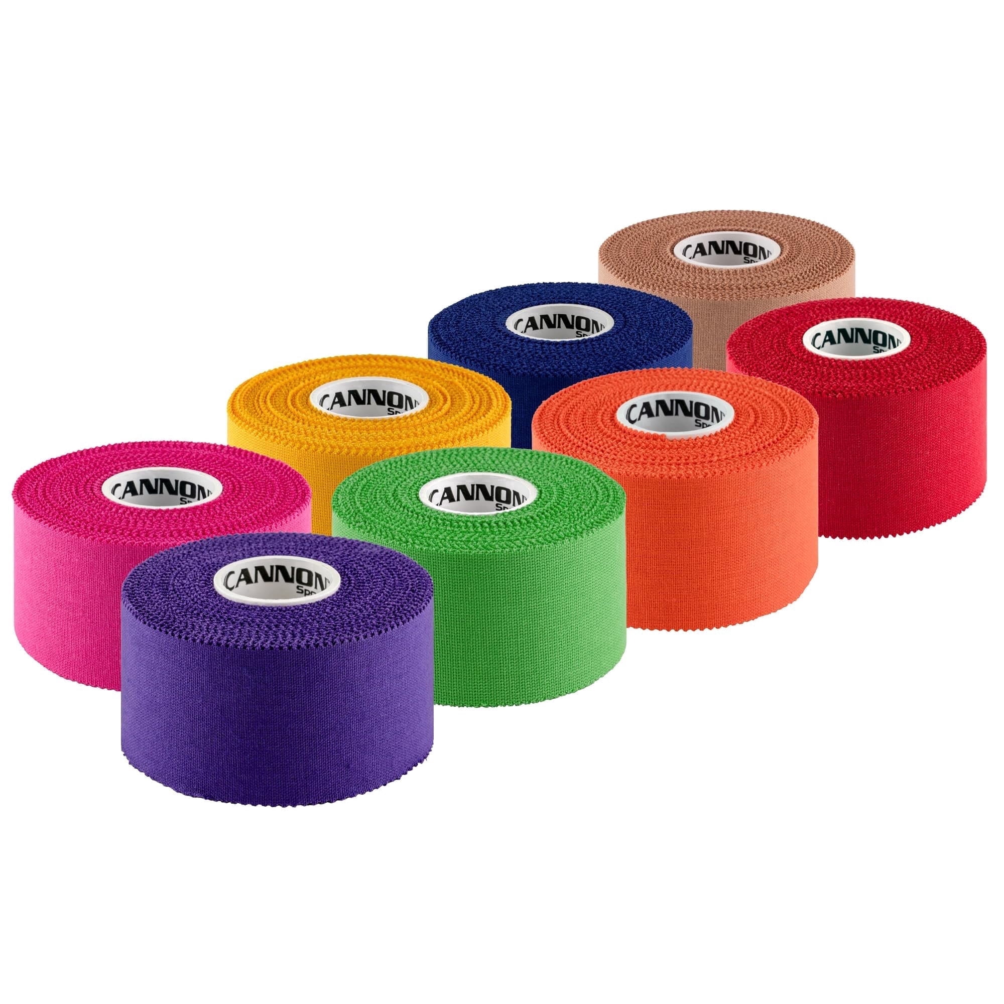 Cannon Sports Premium Athletic Tape - 1.5” x 45 Feet Per Roll - Easy Tear, No Sticky Residue, Very Strong, Hypoallergenic, Latex Free - Pack of 8 (Purple-Pink-Green-Gold-Orange-Blue-Red-Natural)