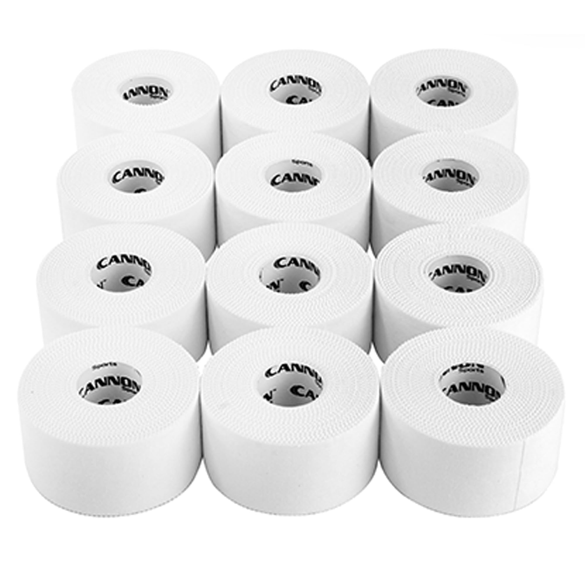 Cannon Sports Premium Athletic Tape - 1.5” x 45 Feet Per Roll - Easy Tear, No Sticky Residue, Very Strong, Hypoallergenic and Latex Free Sports Tape for Athletes and Trainers – Bulk 12 Pack (White)