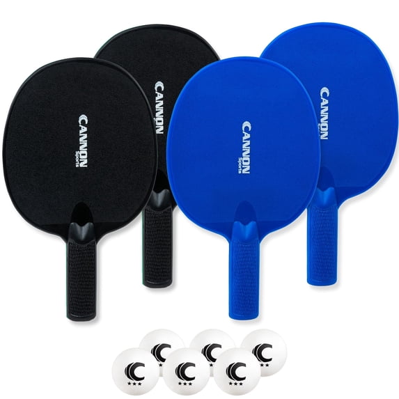 Cannon Sports Unbreakable Table Tennis Paddle Set - 4 Rackets with 6 Pack of 3-Star Table Tennis Balls – Portable Set for 4 Players (2 Black + 2 Blue Paddles + 6 White Balls)