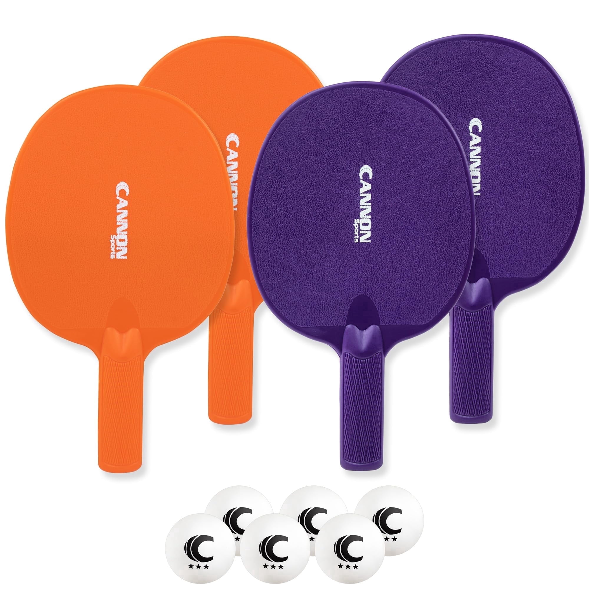Cannon Sports Unbreakable Table Tennis Paddle Set - 4 Rackets with 6 Pack of 3-Star Table Tennis Balls – Portable Set for 4 Players (2 Orange + 2 Purple Paddles + 6 White Balls)