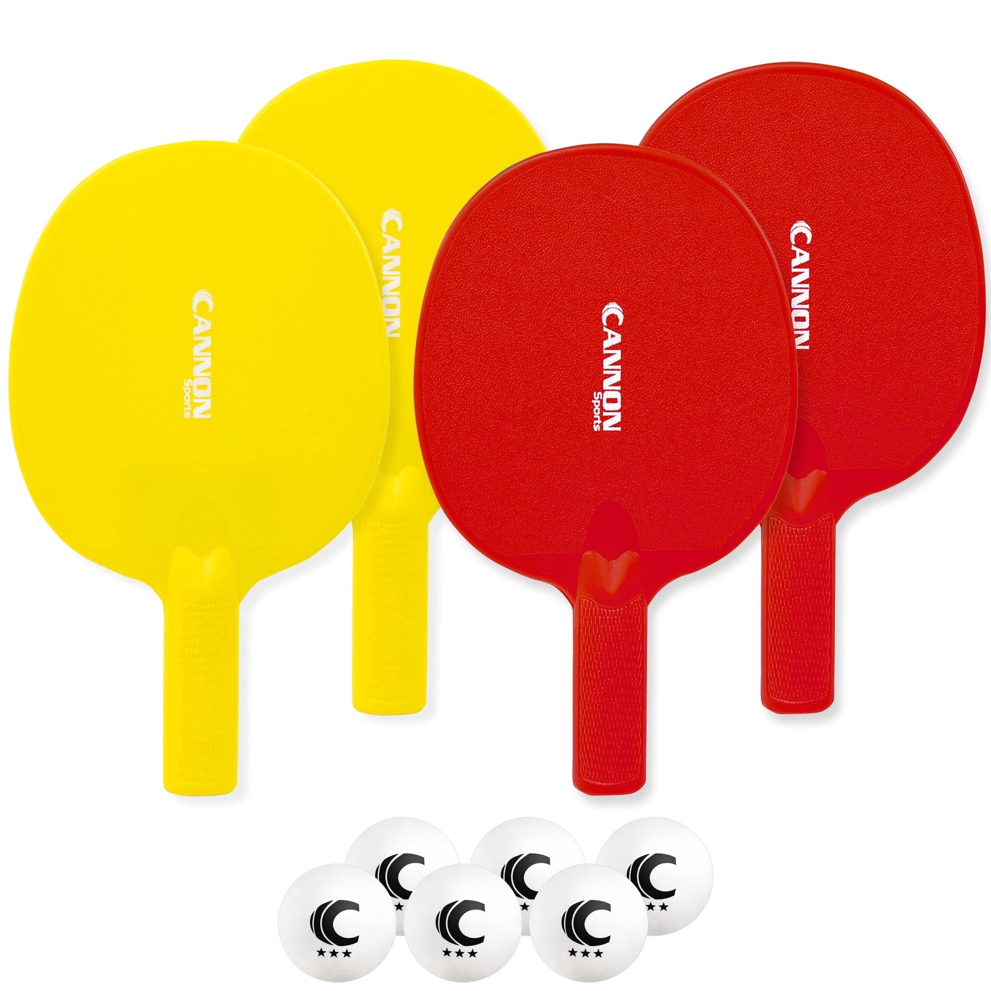 Cannon Sports Unbreakable Table Tennis Paddle Set - 4 Rackets with 6 Pack of 3-Star Table Tennis Balls – Portable Set for 4 Players (2 Yellow + 2 Red Paddles + 6 White Balls)