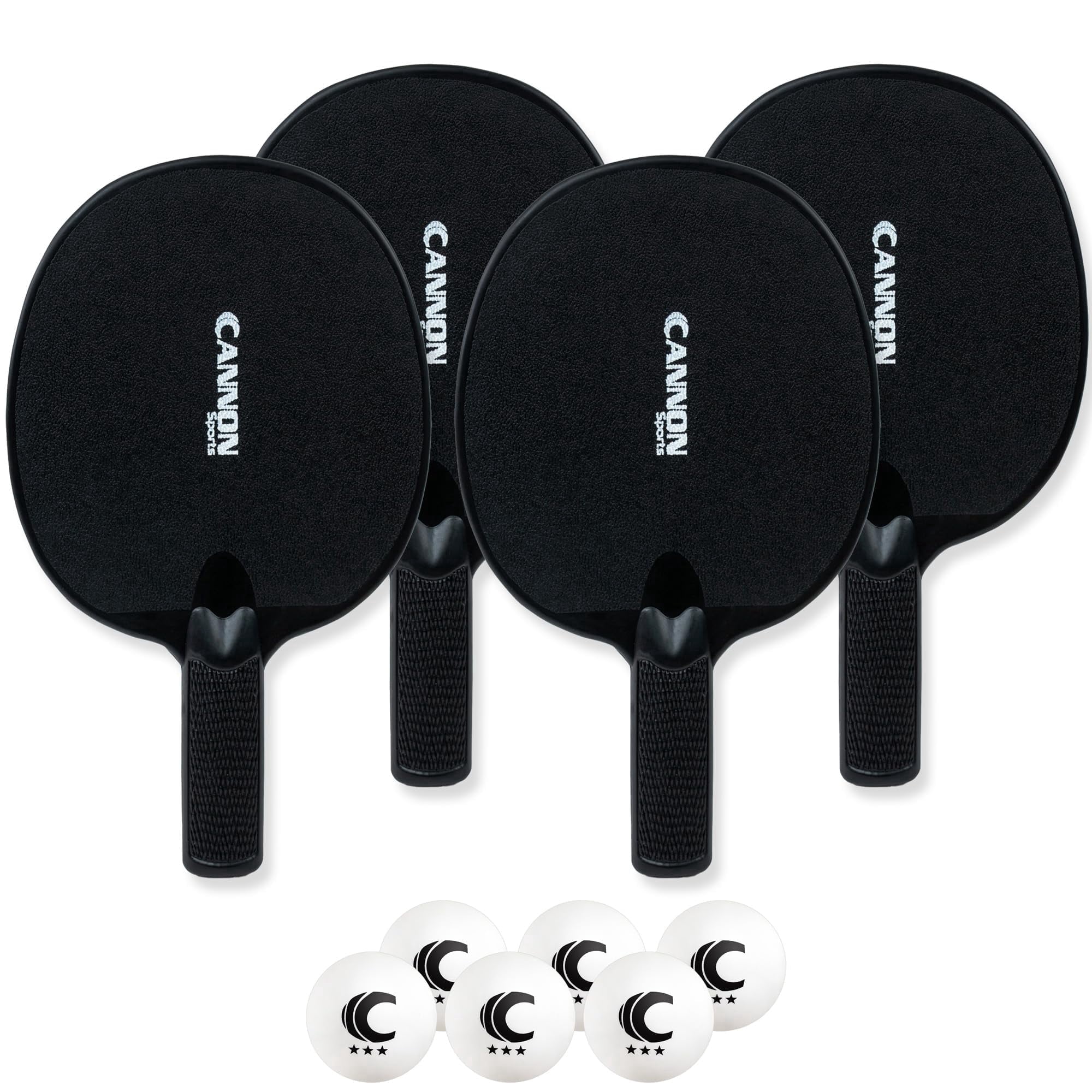 Cannon Sports Unbreakable Table Tennis Paddle Set - 4 Rackets with 6 Pack of 3-Star Table Tennis Balls – Portable Set for 4 Players (4 Black Paddles + 6 White Balls)