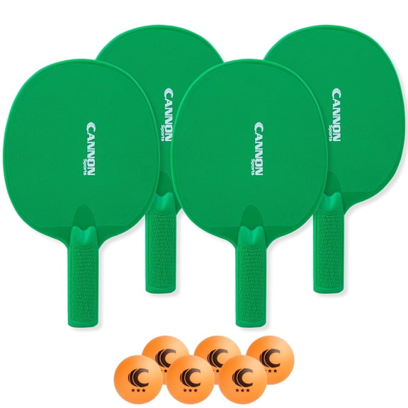 Cannon Sports Unbreakable Table Tennis Paddle Set - 4 Rackets with 6 Pack of 3-Star Table Tennis Balls – Portable Set for 4 Players (4 Green Paddles + 6 Orange Balls)