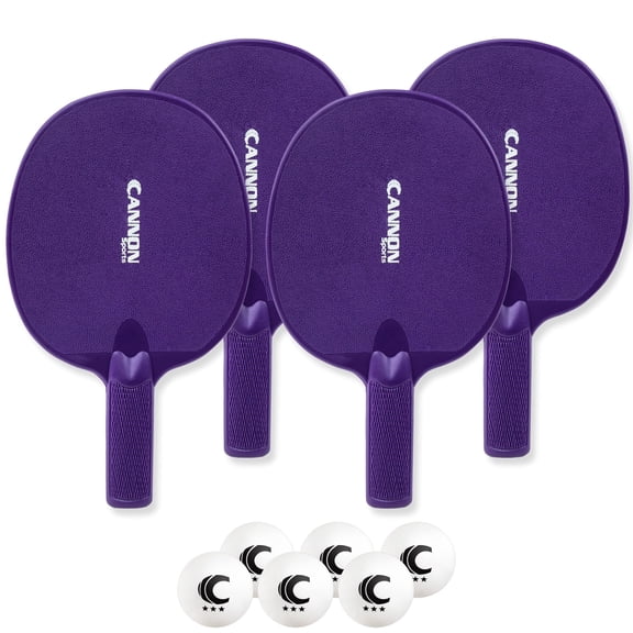Cannon Sports Unbreakable Table Tennis Paddle Set - 4 Rackets with 6 Pack of 3-Star Table Tennis Balls – Portable Set for 4 Players (4 Purple Paddles + 6 White Balls)