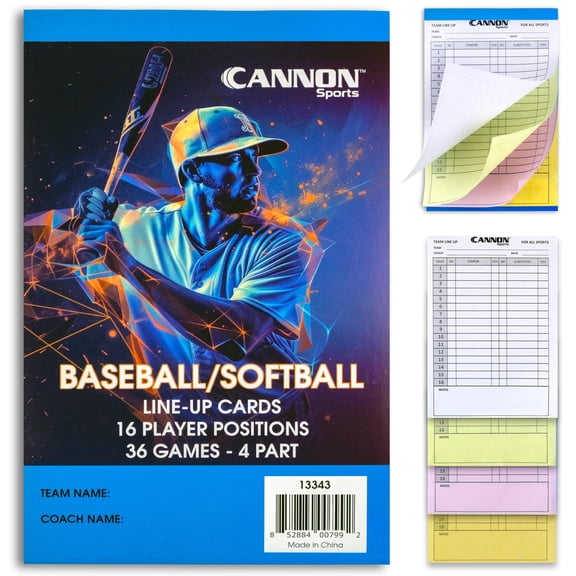 Cannon Sports Baseball Softball Lineup Cards - 36 Games, 16 Player Roster, 4-Part Carbon Copies - Lineup Sheets for Baseball/Softball