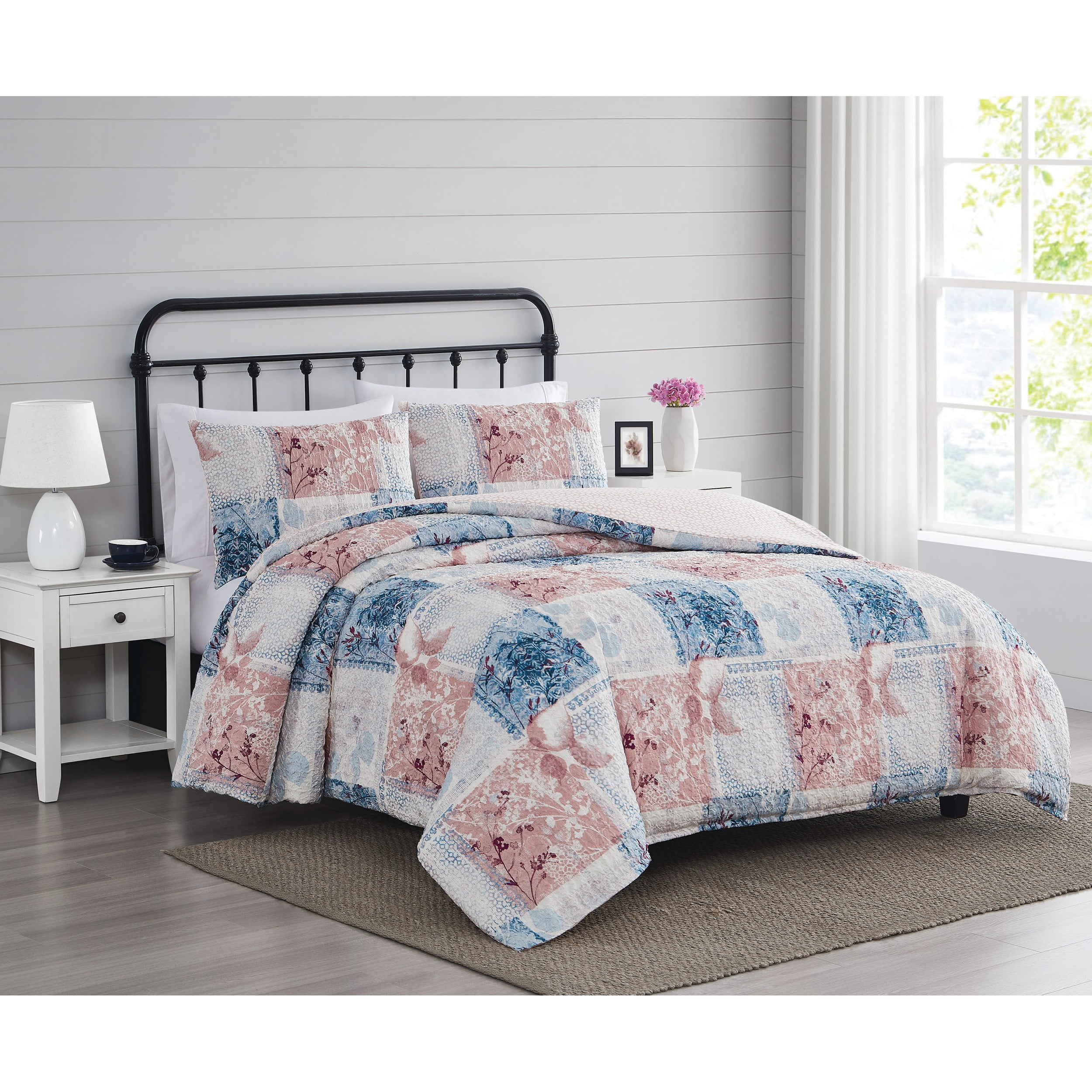 King Size Blue and Pink Microfiber Patchwork Duvet Cover Set