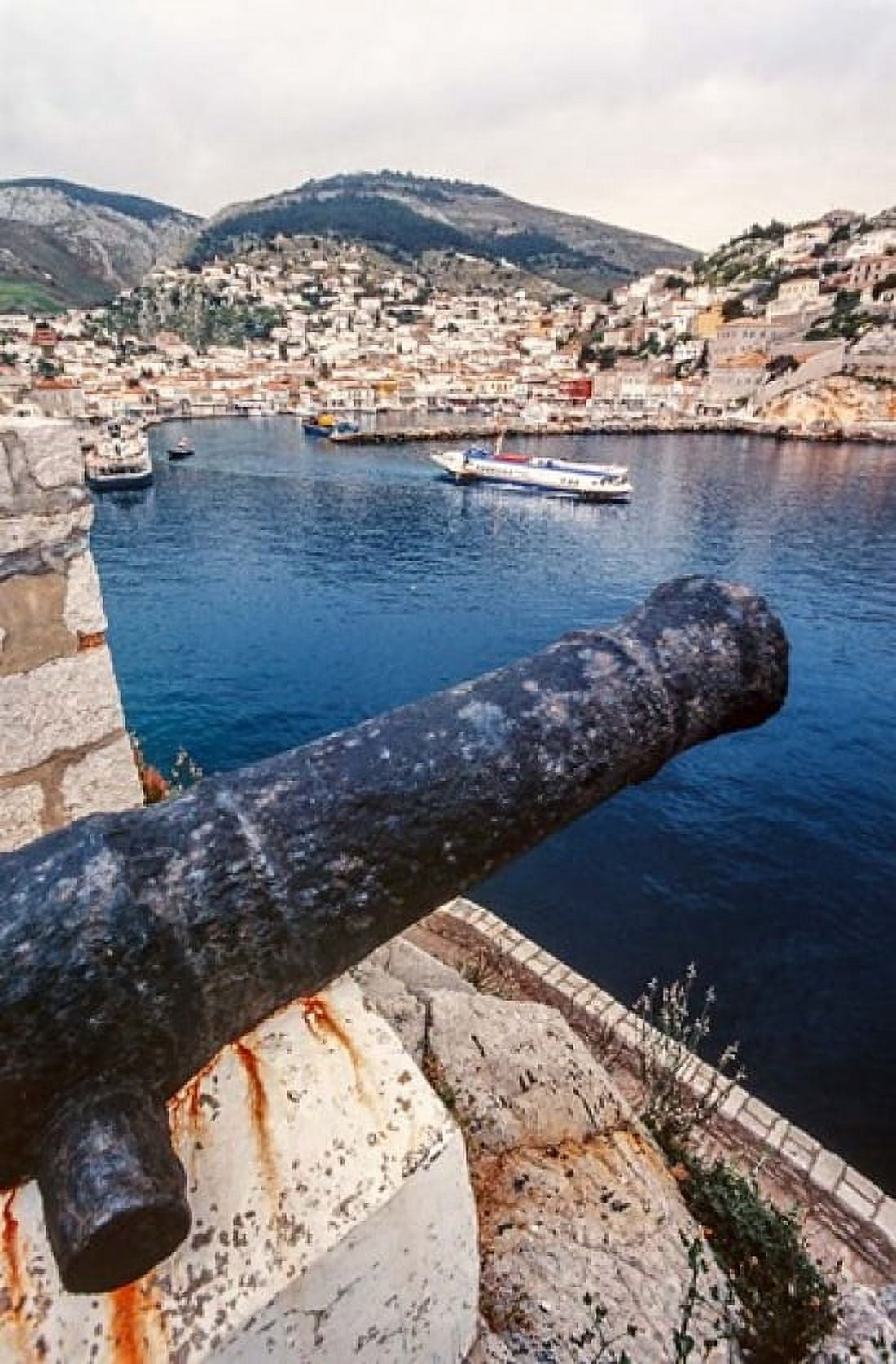 Cannon hydrofoil boat harbor Hydra Island Greece Canvas Art - Ali Kabas DanitaDelimont (25 x 38)