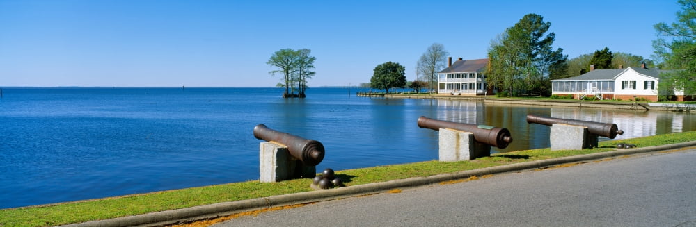 Cannons and Barker House from 1762 overlooking Albemarle Sound Edenton North Carolina Canvas Art - Panoramic Images (27 x 9)