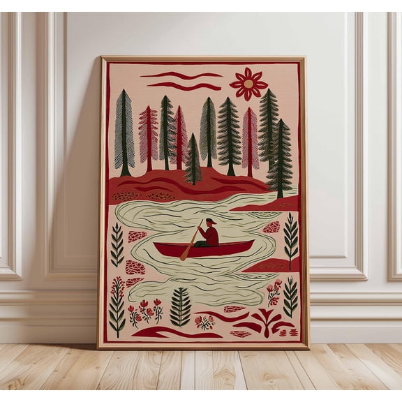 Canoe Adventure Rustic Forest River Nature Inspired Woodland Landscape, Unframed Paper Poster 8x10in