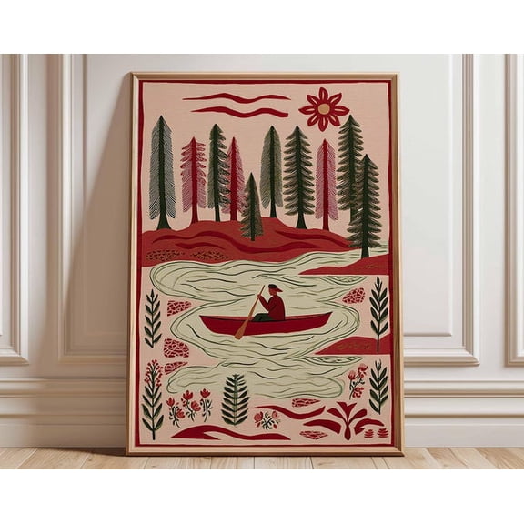 Canoe Adventure Rustic Forest River Nature Inspired Woodland Landscape Wall Art Print, Unframed Paper Poster 8x10in