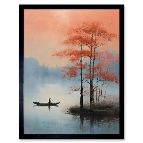 Canoe Boat on Misty Lake Oil Painting Landscape Blue Pink Blossom Tree Early Morning Art Print Framed Poster Wall Decor 12x16 inch