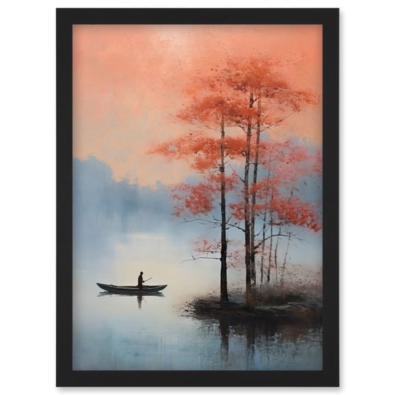 Canoe Boat on Misty Lake Oil Painting Landscape Blue Pink Blossom Tree Early Morning Artwork Framed Wall Art Print A4