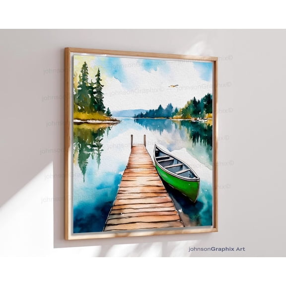 Canoe Camping Lake Cabin Poster Rustic Nature Landscape Art, Unframed Poster