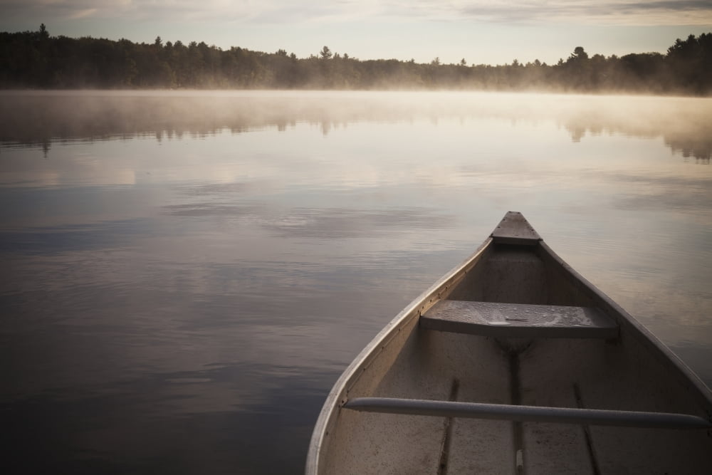Canoe In Morning Fog On Duck Lake Kirkfield Ontario Canvas Art - Katy Huisman Design Pics (19 x 12)