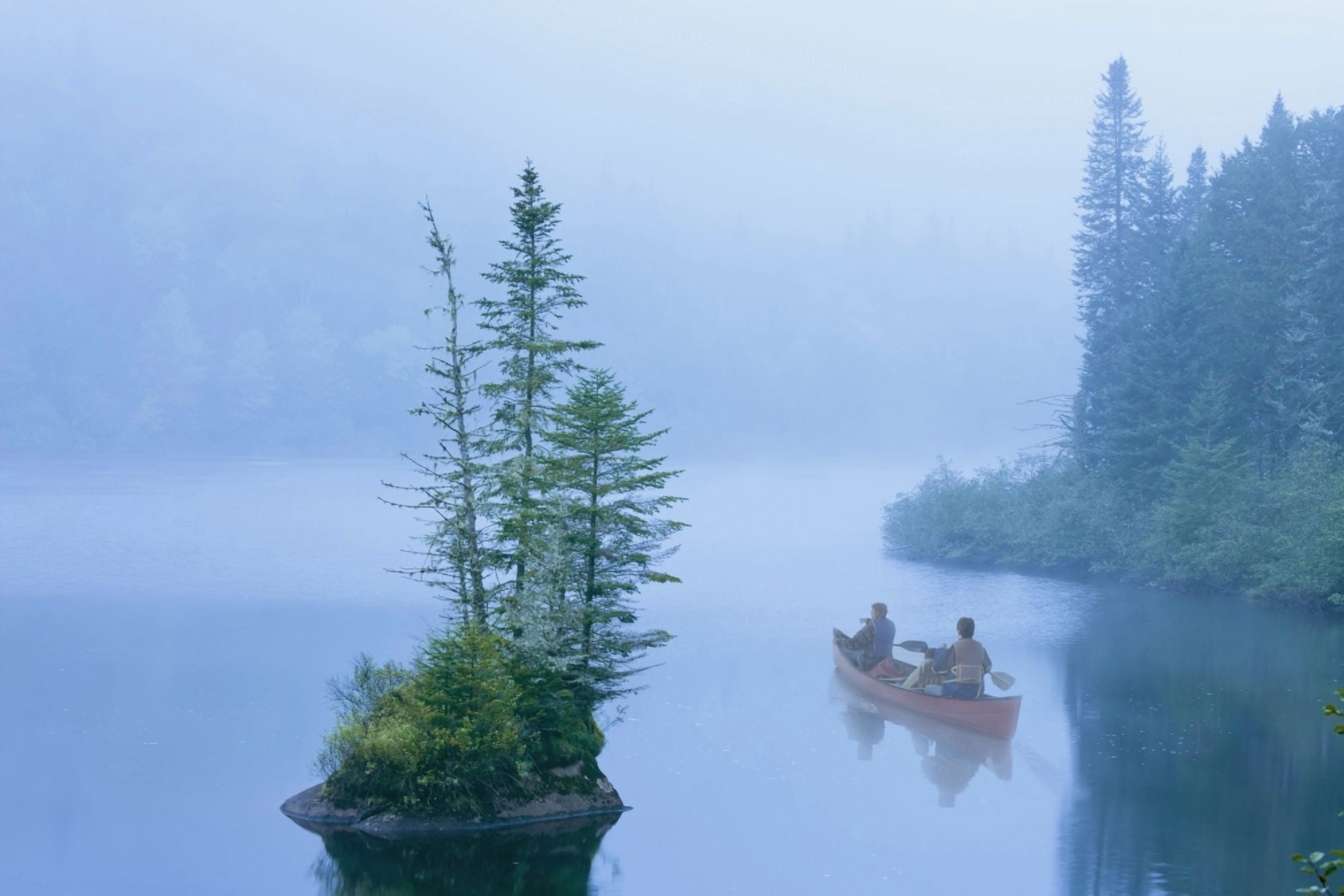 Canoe In The Mist On Jacques-Cartier River At Dawn In Jacques-Cartier National Park Quebec Canada Canvas Art - Yves Marcoux Design Pics (34 x 22)