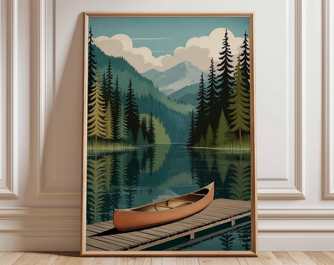 Canoe Lake Mountain Forest Nature Landscape Rustic Cabin Wall Art Print ...