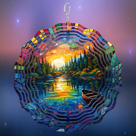 Canoe Lake Sunset 3D Wind Spinner Cabin Decor for Patio Dock Garden