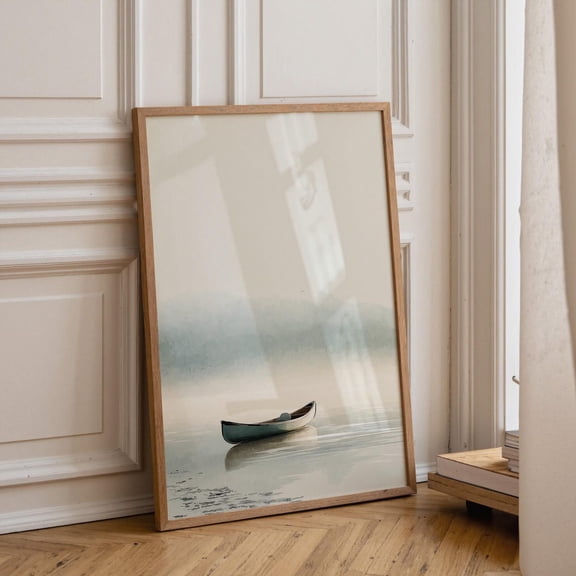 Canoe Lake Wall Art, Minimalist Boat Print, Calm Water Landscape, Coastal Decor Poster Unframed Paper Print
