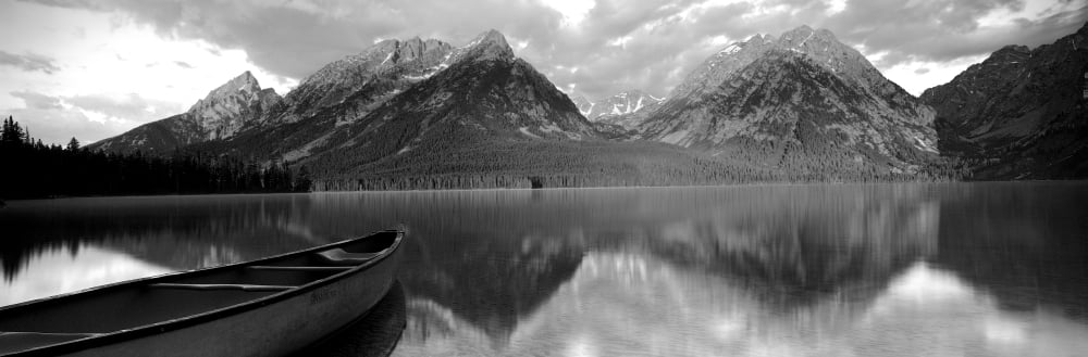 Canoe Leigh Lake Grand Teton National Park WY USA Canvas Art - Panoramic Images (12 x 36)
