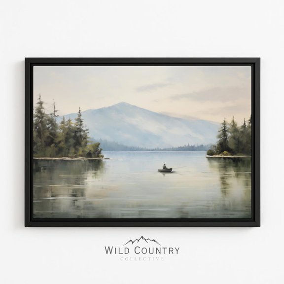 Canoe Mountain Lake Angler Scene Poster