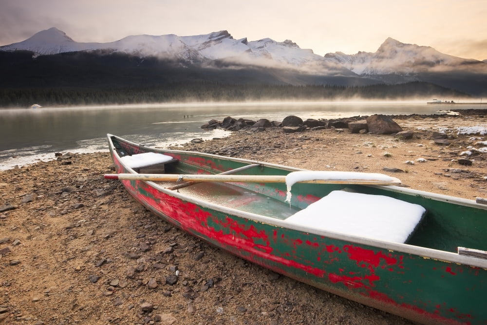 Canoe On Misty Fall Morning Maligne Lake Jasper National Park Alberta Canvas Art - Ken Gillespie Design Pics (17 x 11)