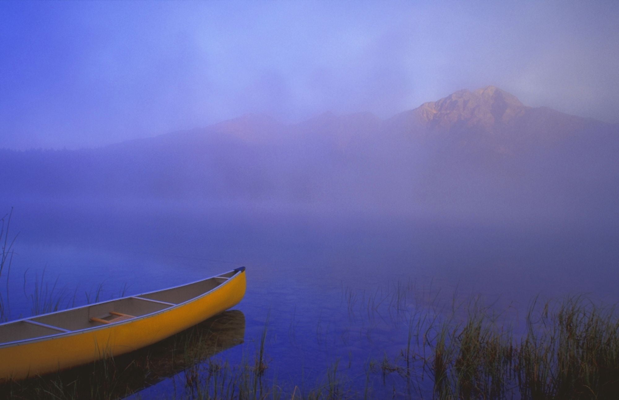 Canoe On Patricia Lake Jasper National Park Alberta Canada Canvas Art - Carson Ganci Design Pics (34 x 22)